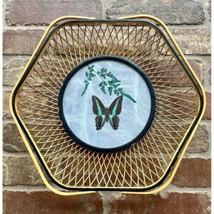 Vintage 1970s Pressed Butterfly Rattan Wood Basket with Handles/ Decorative Tray